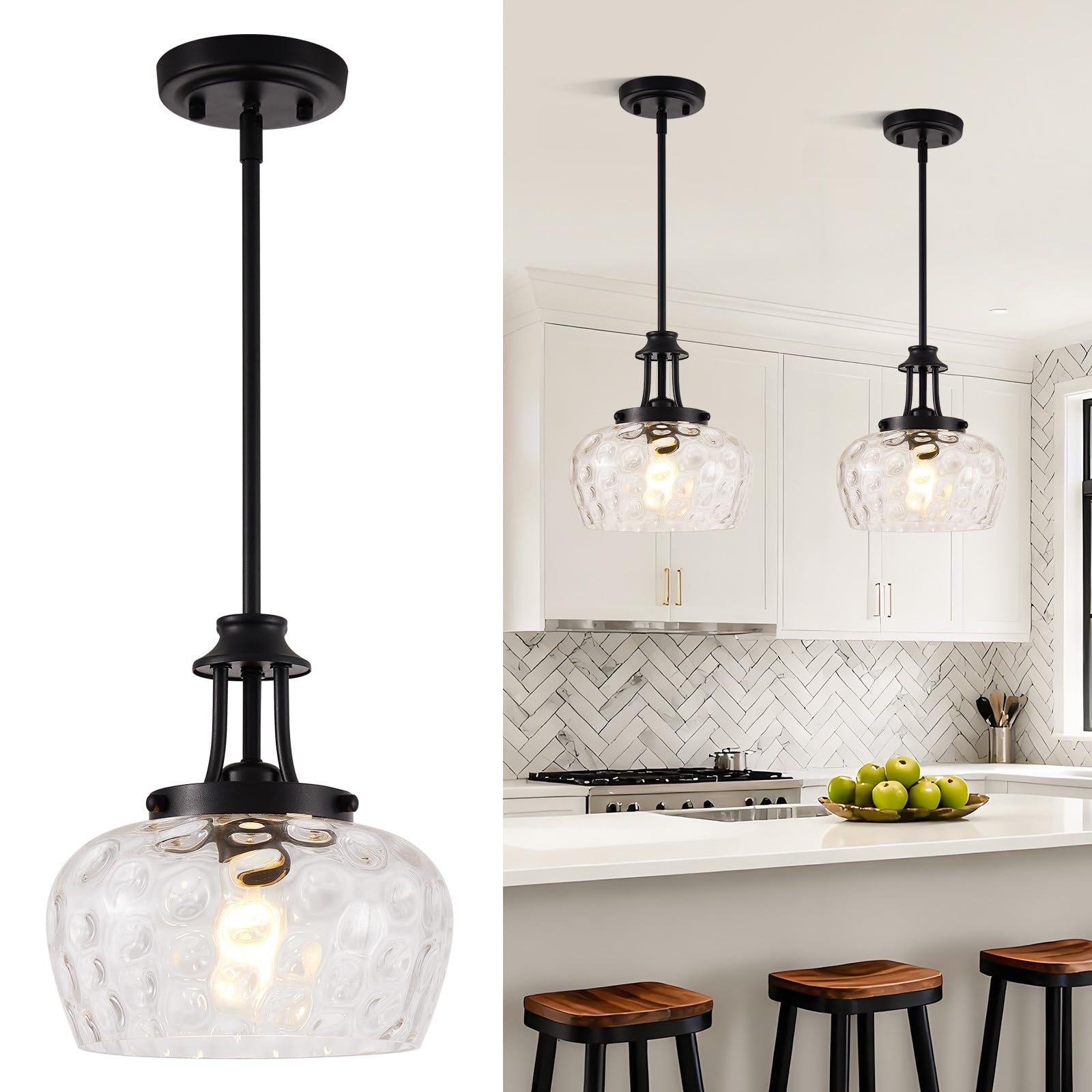 Photo 1 of Modern Pendant Lights Kitchen Island, Matte Black Pendant Light Fixtures with 10" Clear Hammered Glass Shade, Industrial Hanging Pendant Lights Fixture for Kitchen Island Dining Room Bedroom Entryway