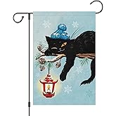 Louise Maelys Welcome Winter Garden Flag 12x18 Double Sided, Burlap Small Snow Yard House with Black Cat for Outside Outdoor Decoration