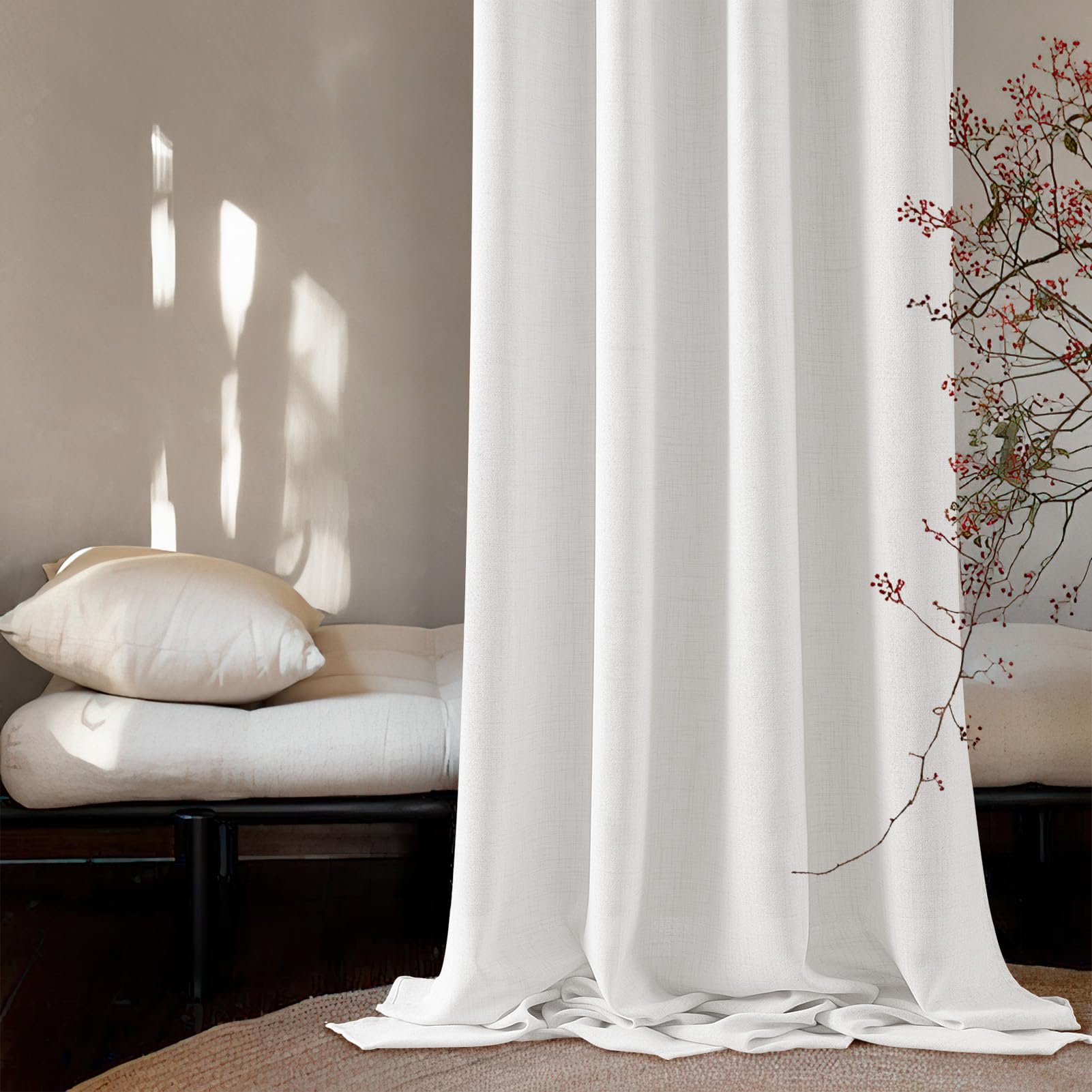 MRTREES Sheer Linen Curtains 48 Inch Drop, Semi-Transparent Net Curtains for Bedroom and Kithcen with Eyelet, 2 Panels 140x122 CM 55x48 Inch White