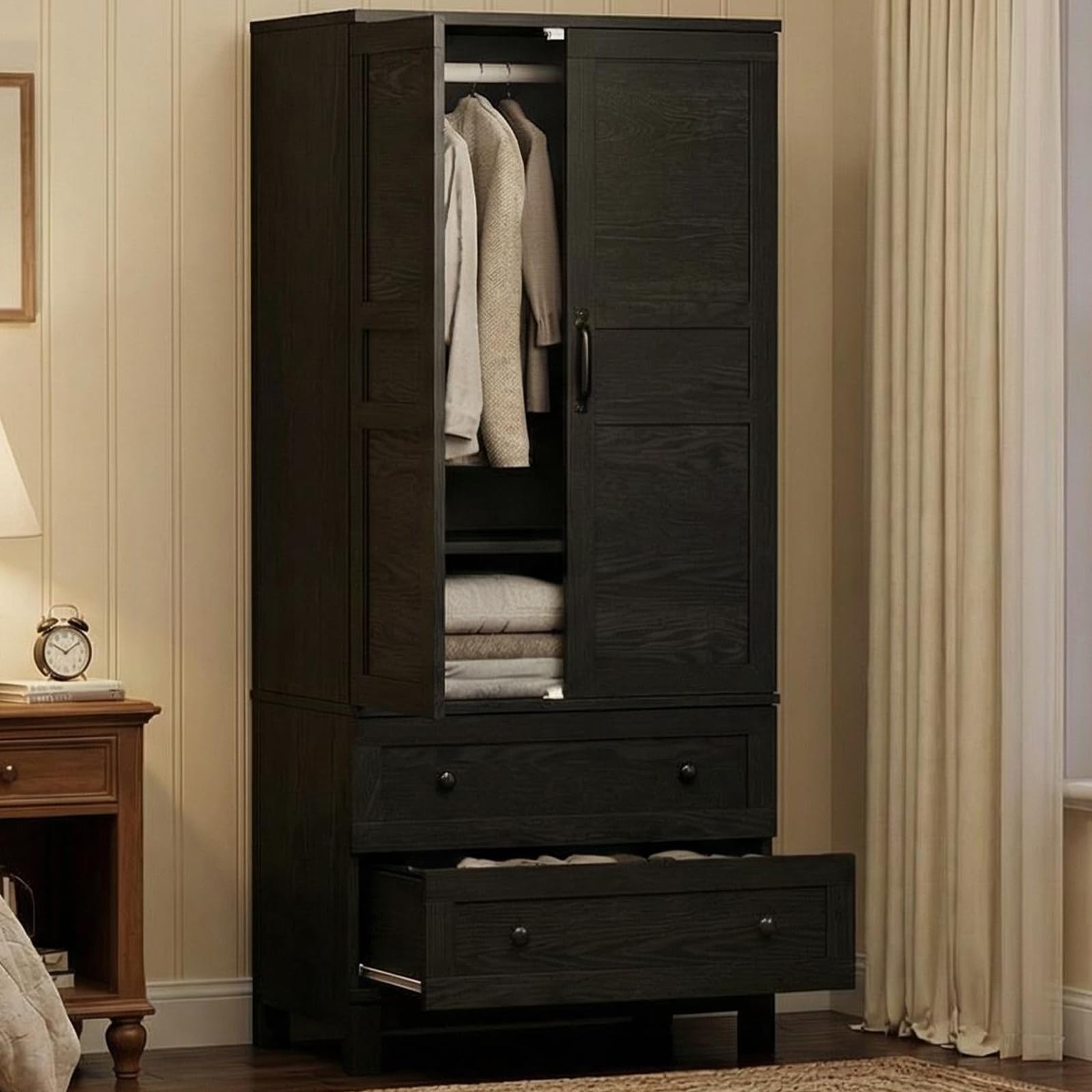 Photo 1 of ***PARTIAL SET/BOX 2 OF 2**

IDEALHOUSE Armoire Wardrobe Closet with 2 Drawers, 72" Tall Wooden Clothing Wardrobe with Hanging Rod & DIY Adjustable Shelf, Heavy Duty Bedroom Armoire Storage Cabinet with Doors, Rustic Black