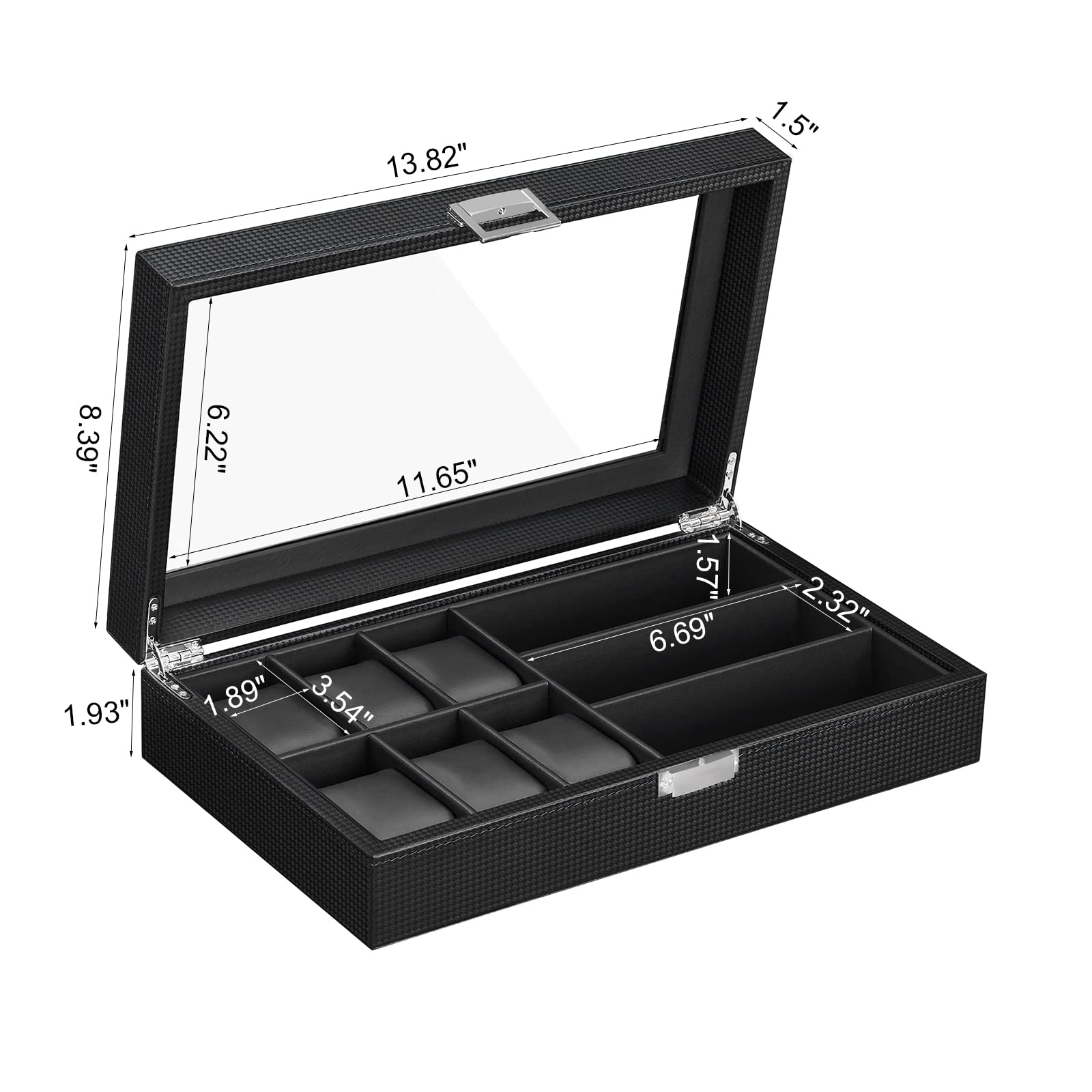 BEWISHOME Watch Box 6-Slot Watch Case and 3-Slots Sunglasses Box for Men, Sunglasses Storage with Large Glass Lid, Jewelry Box for Men Women Black SSH18C
