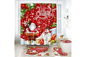 NBVKO 4PCS Merry Christmas Snowman Red Set Shower Curtain,with Non-Slip Rugs,Toilet Lid Cover and Bath Mat,Winter Bathroom Decor Accessory Set