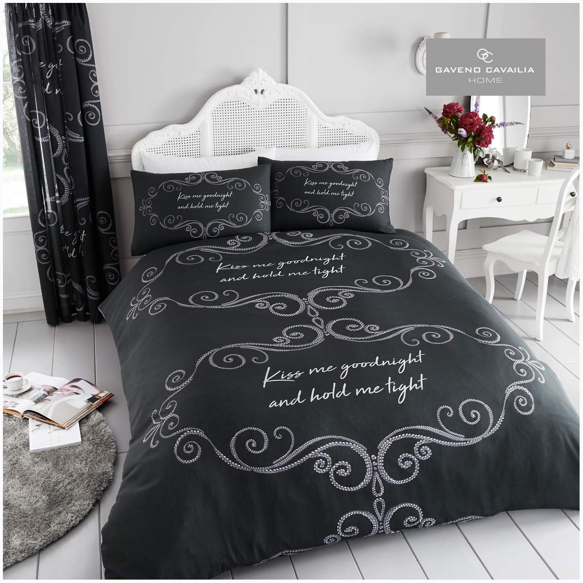 Gaveno Cavailia Good Night King Duvet Set Charcoal Reversible Easy Care Cotton Blend 3 Piece