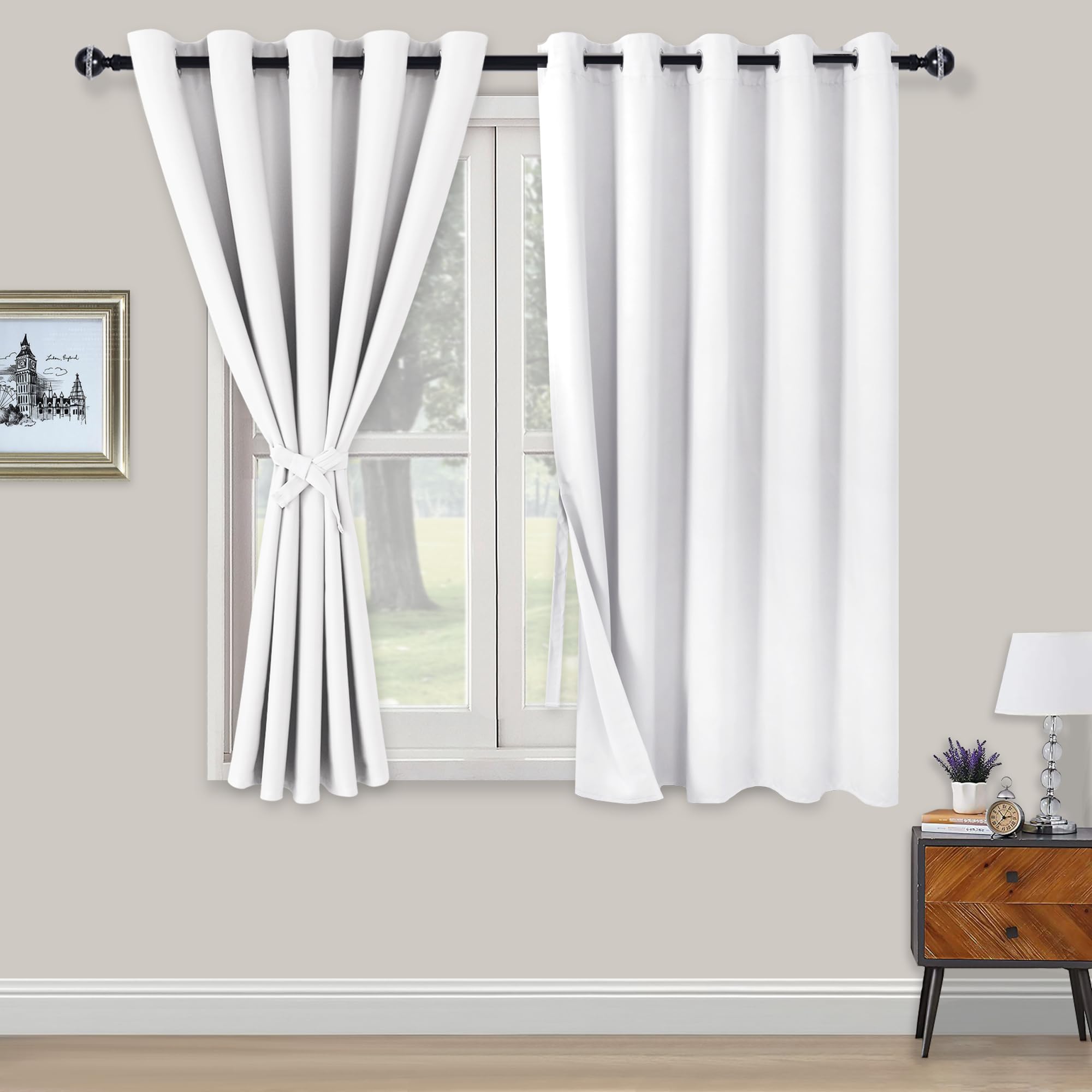 XWZO Blackout Curtains Shades Window Curtain Panels with Tiebacks- Noise Reduction and Thermal Insulated Eyelet Curtains for Bedroom,Living Room,Office,Study Room Greyish White W66xL54