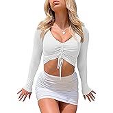 Mokoru Women's Sexy Sheer Mesh Long Sleeve Deep V Neck Crop Tops Casual Basic Shirts