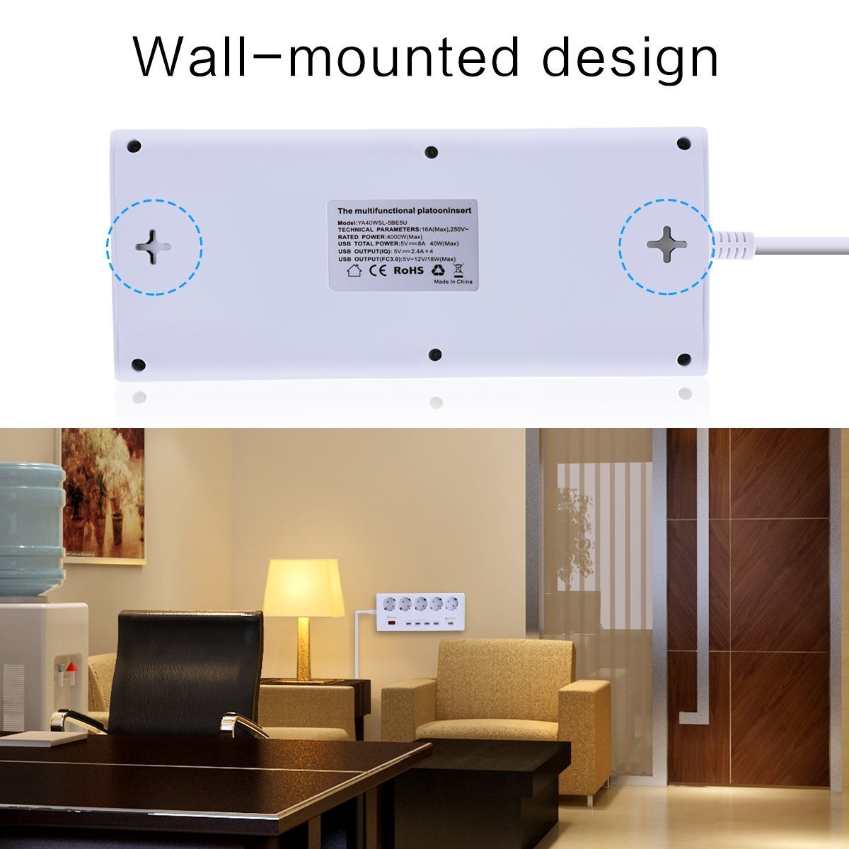 Regleta enchufe, Regleta con 5 Tomas +5 puertos USB  Concentrador (4 de 5V/2.4A y 1 de QC3.0) + Cable De 1.8M, Sweetchestnut adaptador multifunción USB con interruptor LED indicador (UE) - 4000W