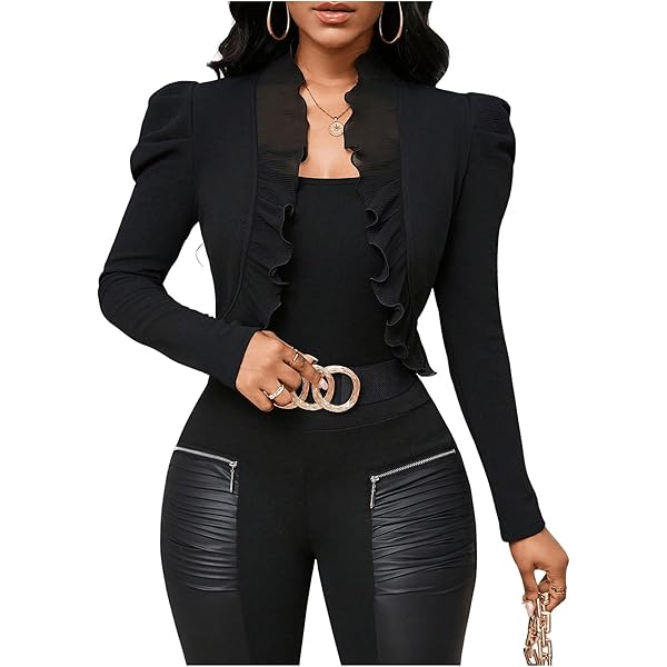 Amazon.com: MakeMeChic Women's Open Front Ruffle Trim Jacket Puff