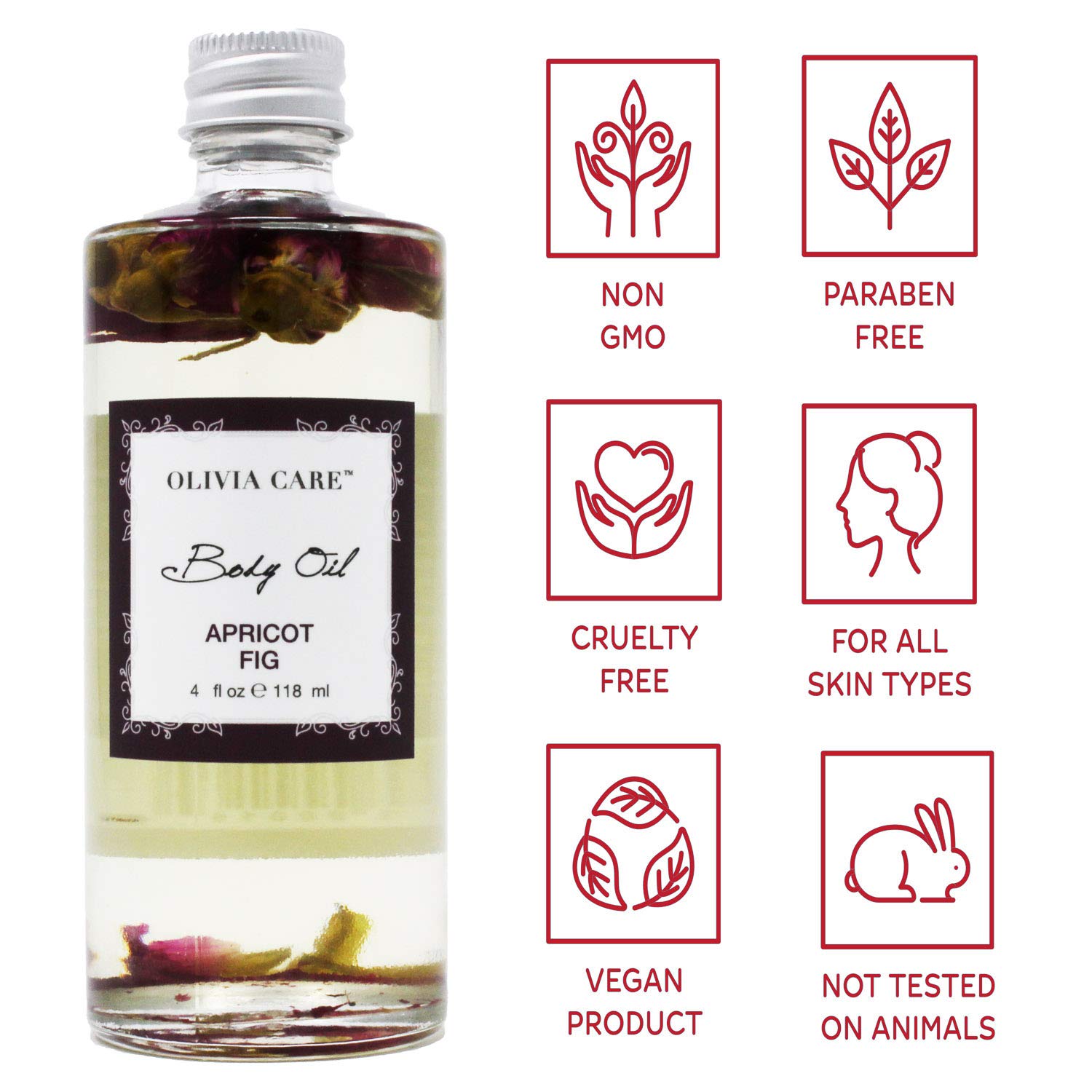 Apricot Fig Body Oil By Olivia Care - Vegan & Natural | Hydrating & Moisturizing - Infused with VITAMIN E, K & Omega Fatty Acids - Refreshing Fragrance - Reduce Dry Skin, Anti-Aging Properties - 4 OZ : Beauty