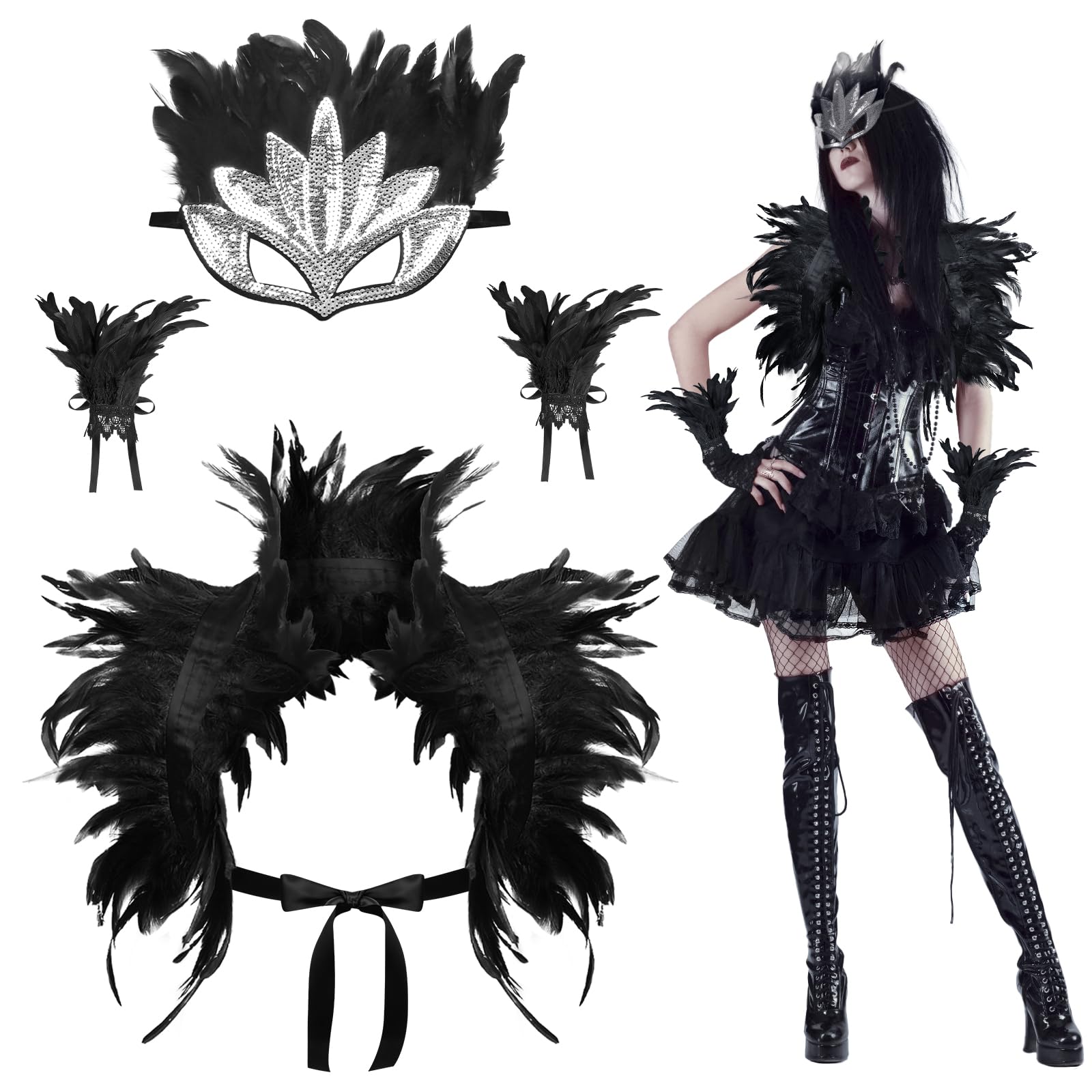 HONMOK 3 Pcs Maleficent Costume for Women, Black Feather Cape Shawl with Wrist Cuffs Mask, Gothic Accessories for Carnival, World Book Day, Halloween