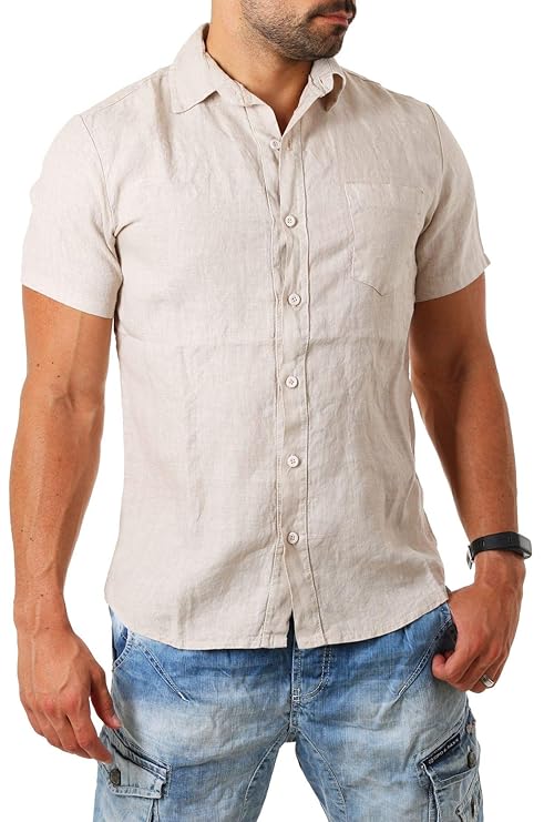 Young & Rich Herren Leinenhemd Kurzarm körperbetont Slim fit leicht tailliert 100% Leinen T3158