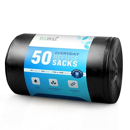 EcoBag - Extra Strong Heavy Duty Refuse Sacks - Recyclable Bin Bags, Leak Resistant, Eco-Friendly, Durable Waste Disposal Bags for Household & Commercial Use, 30 Micron (Μm) /100l