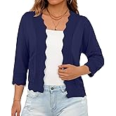 GRECERELLE Women Lightweight Summer Cardigan 3/4 Sleeve Open Front Scalloped Trim Knit Sweater Soft Cropped Bolero Shrug