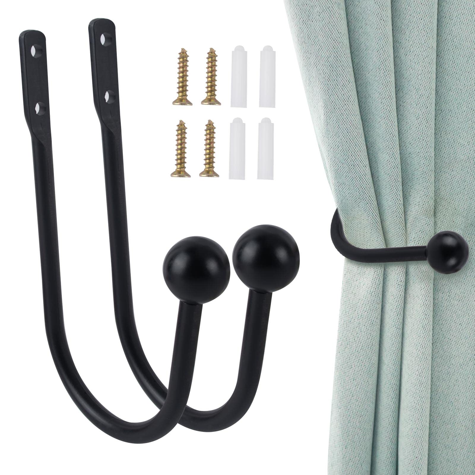 Metal Curtain Holdback GWAWG 2 PCS Decorative Curtain Drapery Holdbacks Arms Wall Mounted Curtain Tie Backs Drapery Holdbacks Hooks with Screws for Fixed Curtain and Hanging Clothes (Black)