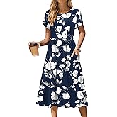 Zeagoo Women Summer Short Sleeve Midi Dress with Pockets Casual Aline Flowy Tshirt Dress Floral Vocation Beach Sundress