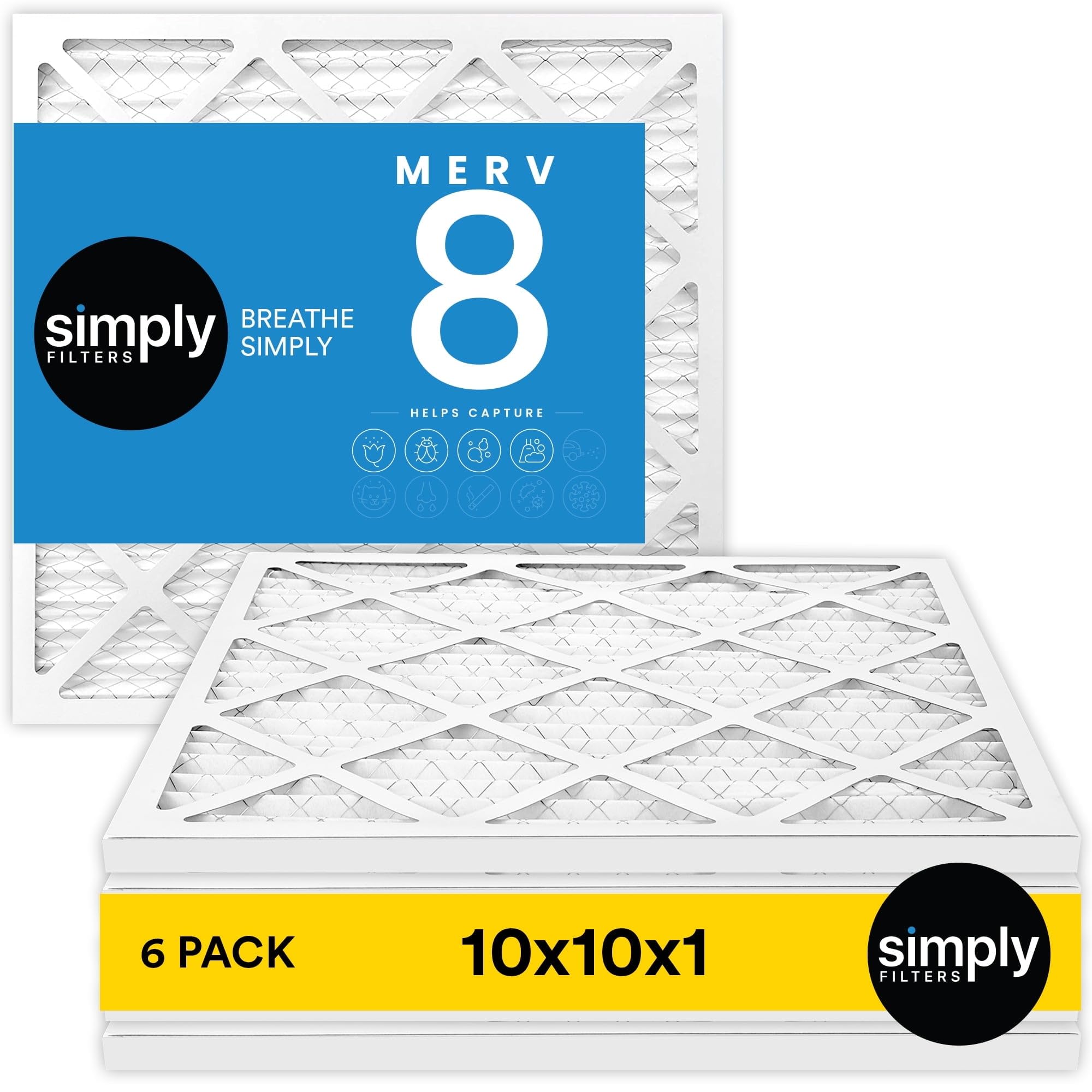 Simply 10x10x1 Air Filter, Merv 8, MPR 600, 6 Pack, Furnace Air Filter for HVAC (Actual Size: 9.75"x9.75"x0.75") DUST, Pet, & Allergy Control Image