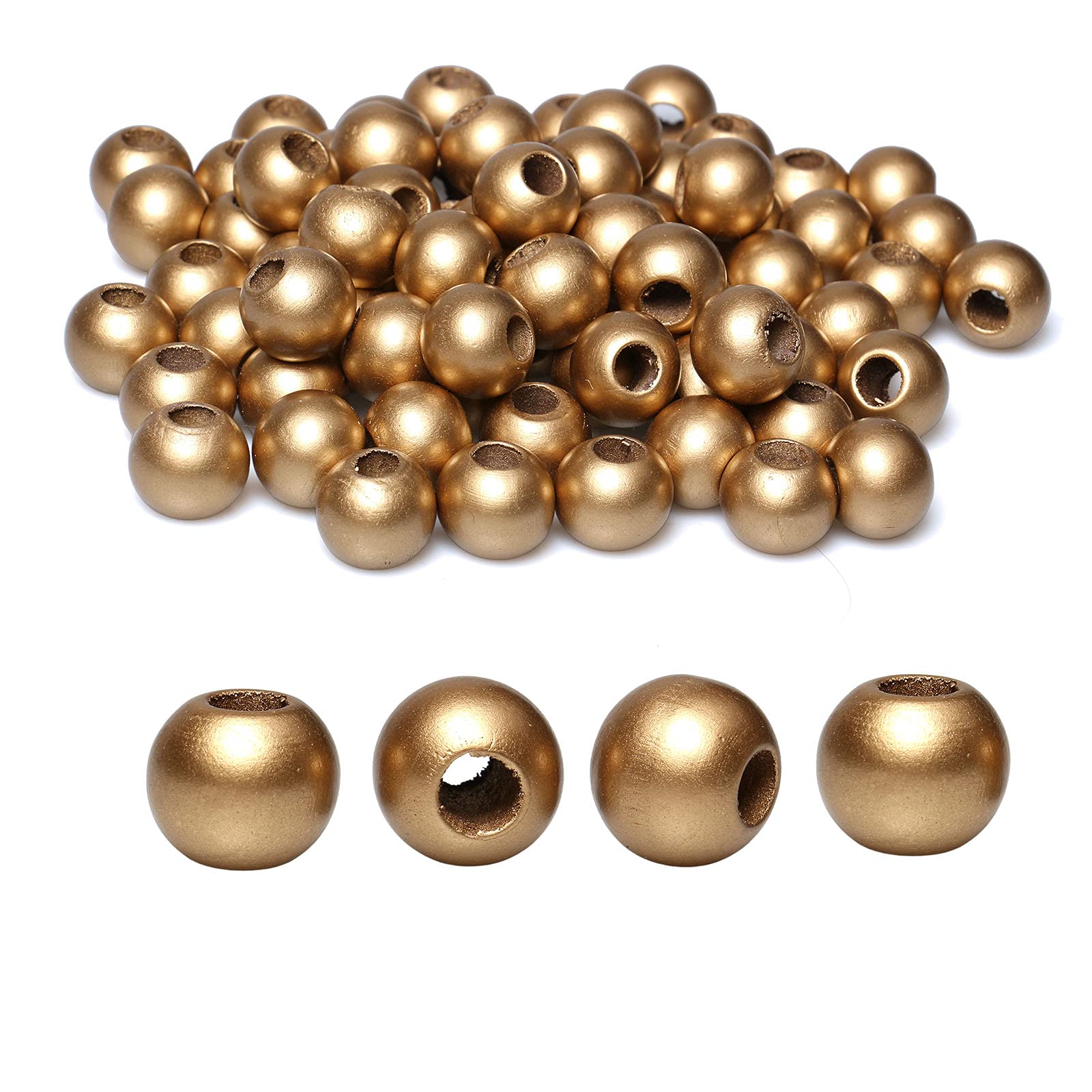 50pcs 20mm Macrame Wood Beads Gold Dyed Large Hole Wooden Beads for DIY Handmade Project Crafts (8mm Hole)