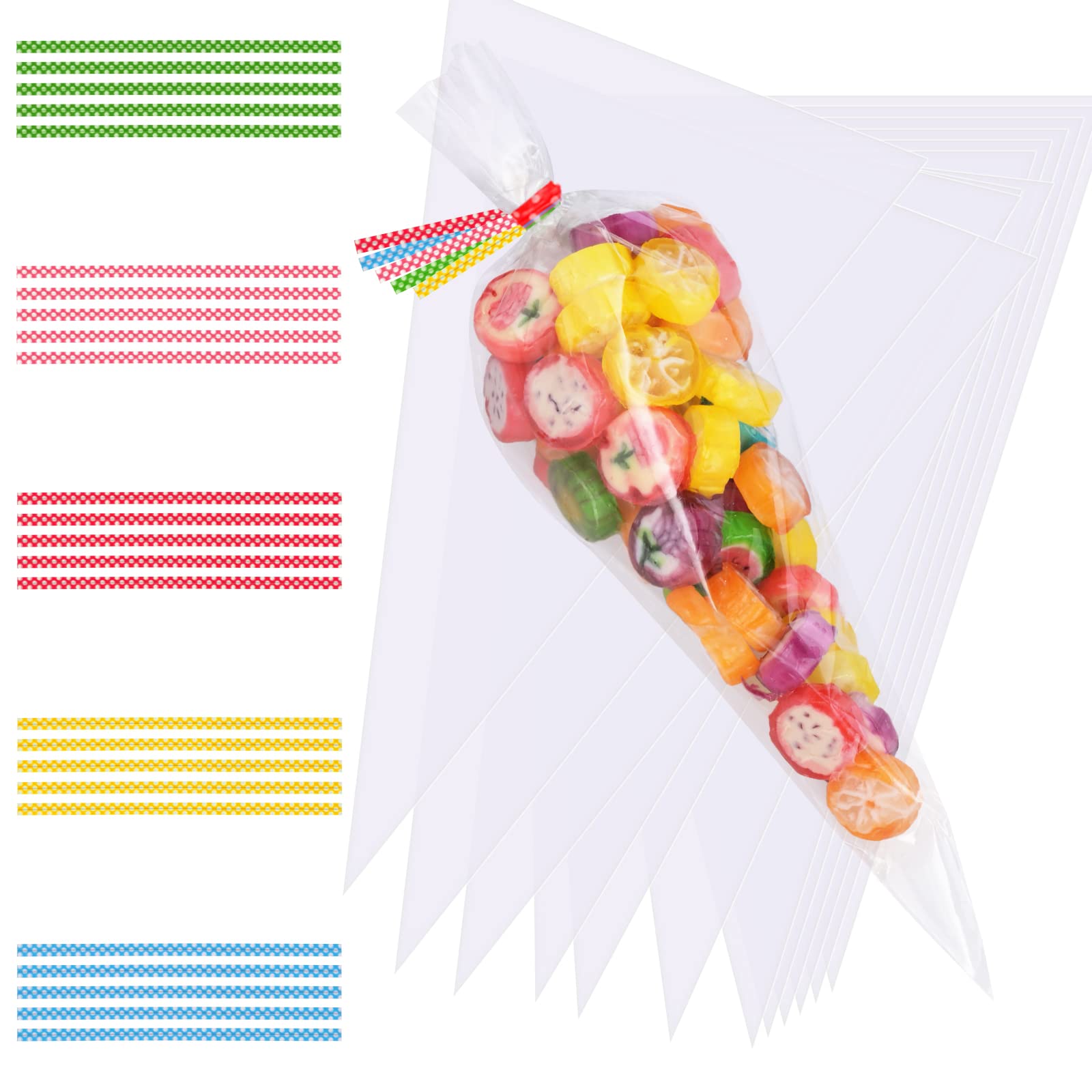 Faburo 100pcs Cone Bags for Sweets Clear Cellophane Bags and Ties for Party Christmas and Festivals Valentine's Day (25x15cm)