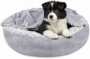 JOEJOY Small Dog Bed Cat Bed with Hooded Blanket, Soft Donut Round Cozy Cuddler Dog and Cat Cave, Orthopedic Warm Cushion Beds for Indoor Cat and Puppy, Anti-Slip Bottom and Machine Washable 26 Inch