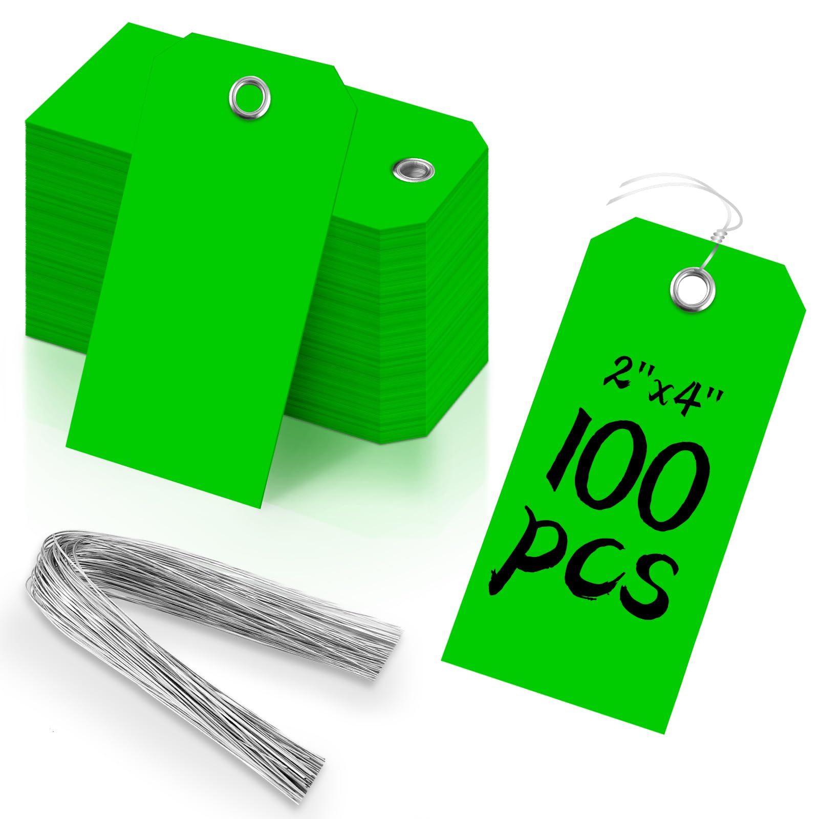 Photo 1 of 100 Pieces 2x4 inch Green Plastic Shipping Tags with Wires Heavy Duty Hang Tags with String Waterproof Labeling Tags with Reinforced for Gift Luggage Garage Inventory