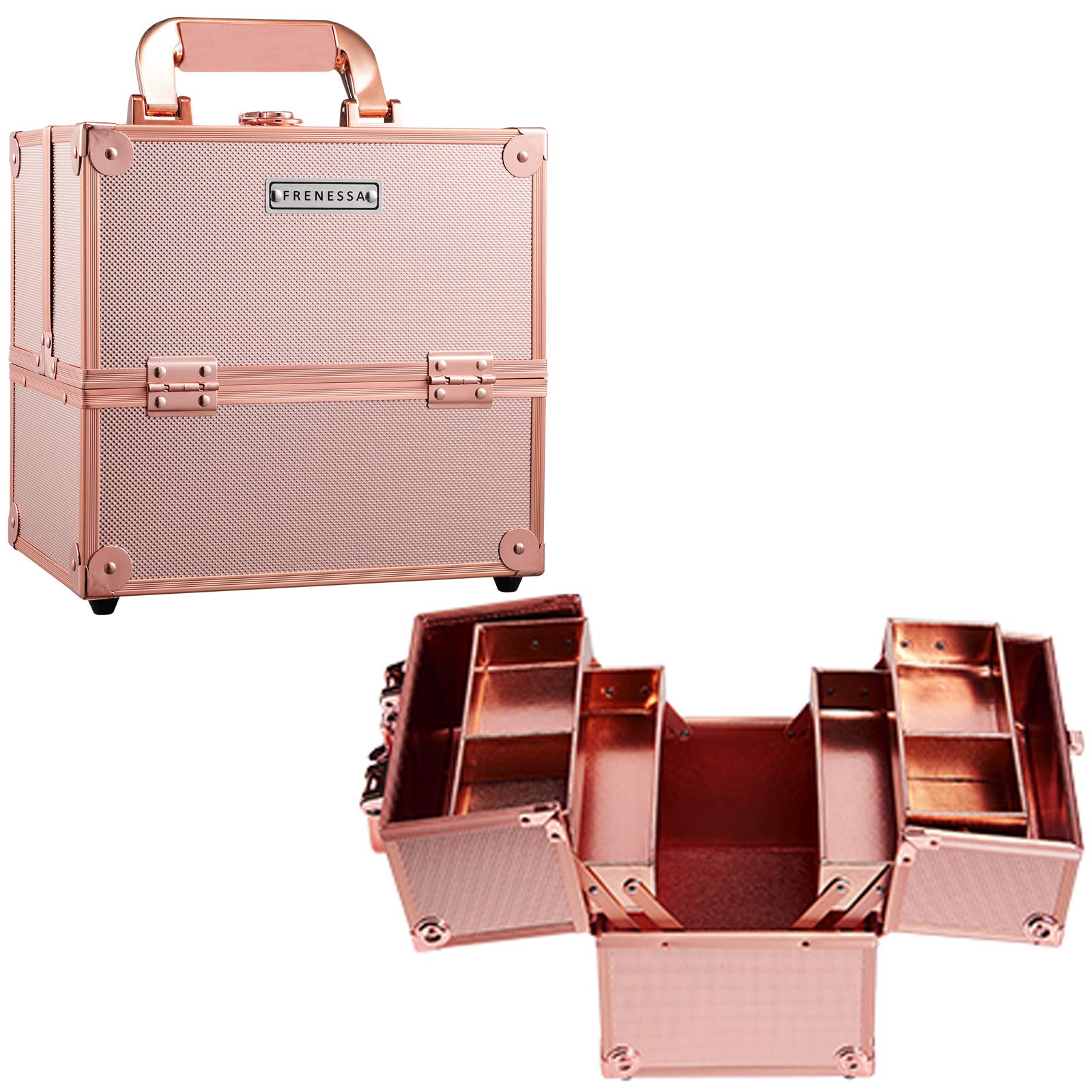 Frenessa Makeup Box Rose Gold Cosmetic Organizer Case Portable Travel Storage Case 4 Trays Makeup Train Case with Lockable Dividers for Makeup Artist, Nail Tech Students, Art Supplies Storage