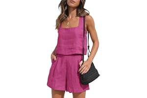 AUTOMET Womens Summer 2 Piece Outfits Vacation Casual Trendy Shorts Matching Sets Sleeveless Casual Linen Outfits 2024