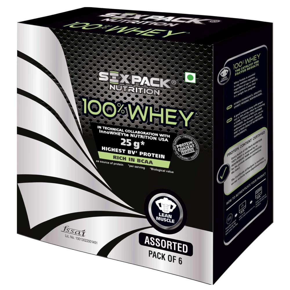 Six Pack Nutrition 100% Whey Protein Concentrate & Isolate Powder 25g Protein, 5.7g BCAA Per Serving (6N X 32g) 192g - Trial & Travel Pack of 6 Assorted Flavors