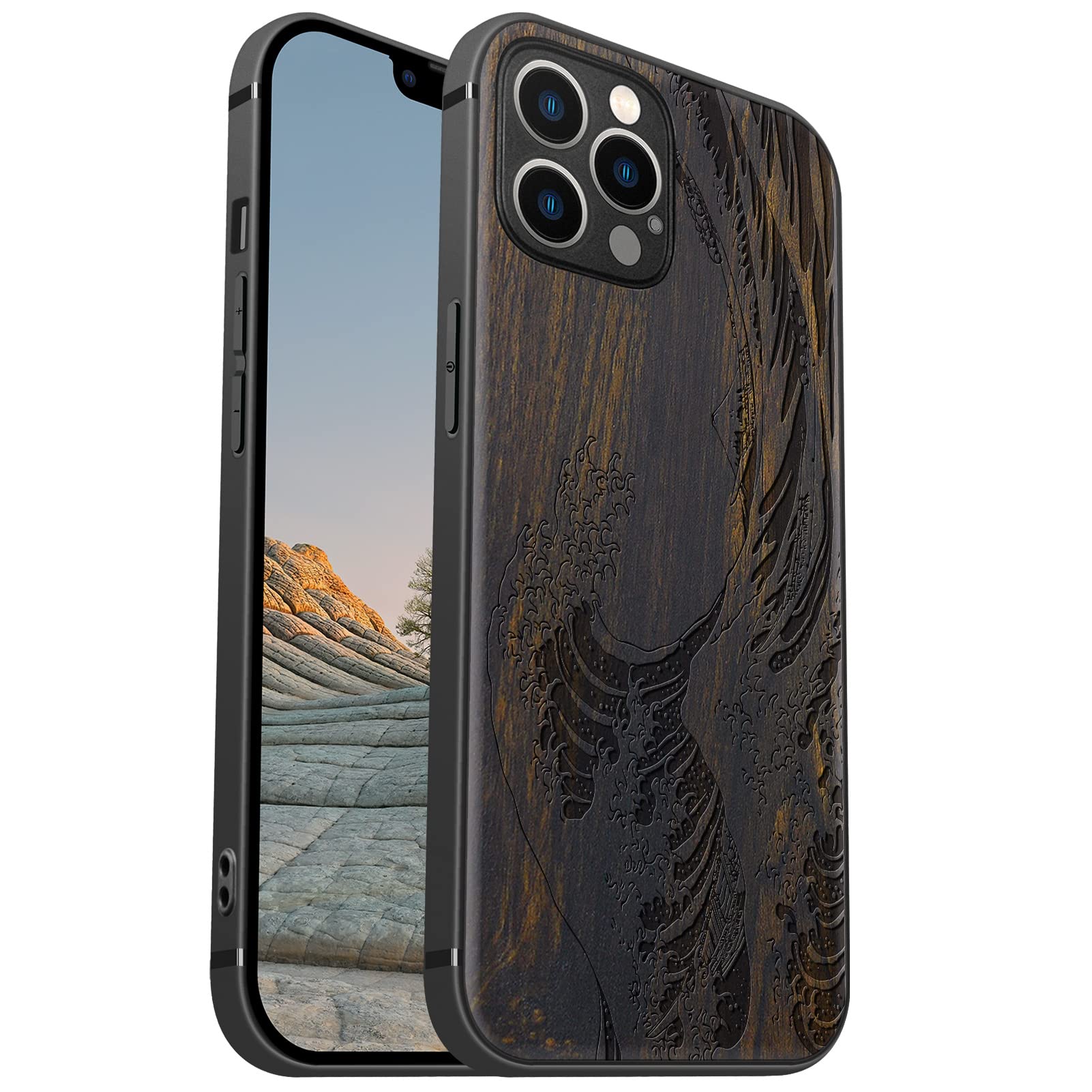 Carveit Magnetic Wood Case for iPhone 12 Pro Max [Hard Real Wood & Soft TPU] Shockproof Protective Cover Unique & Classy Wooden Case Compatible with MagSafe (The Great Wave Off Kanagawa-Blackwood)
