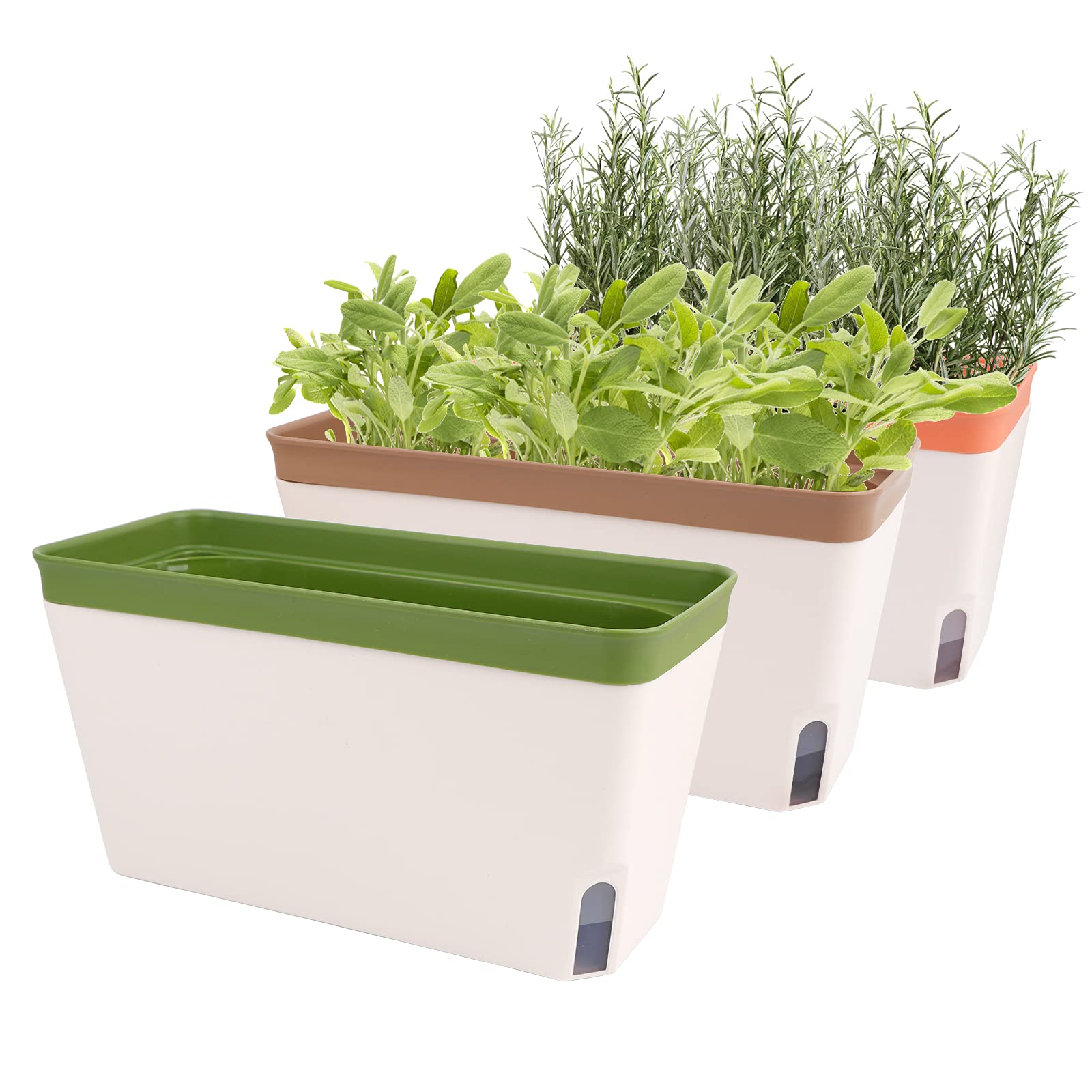 GUDELAK Windowsill Herb Planter Box Indoor Set of 3, 10.5 Inch Self Watering Planter Pots with Visual Water Level Window, Modern Plastic Plant Pots for Herbs, Vegetables, Succulents Plants