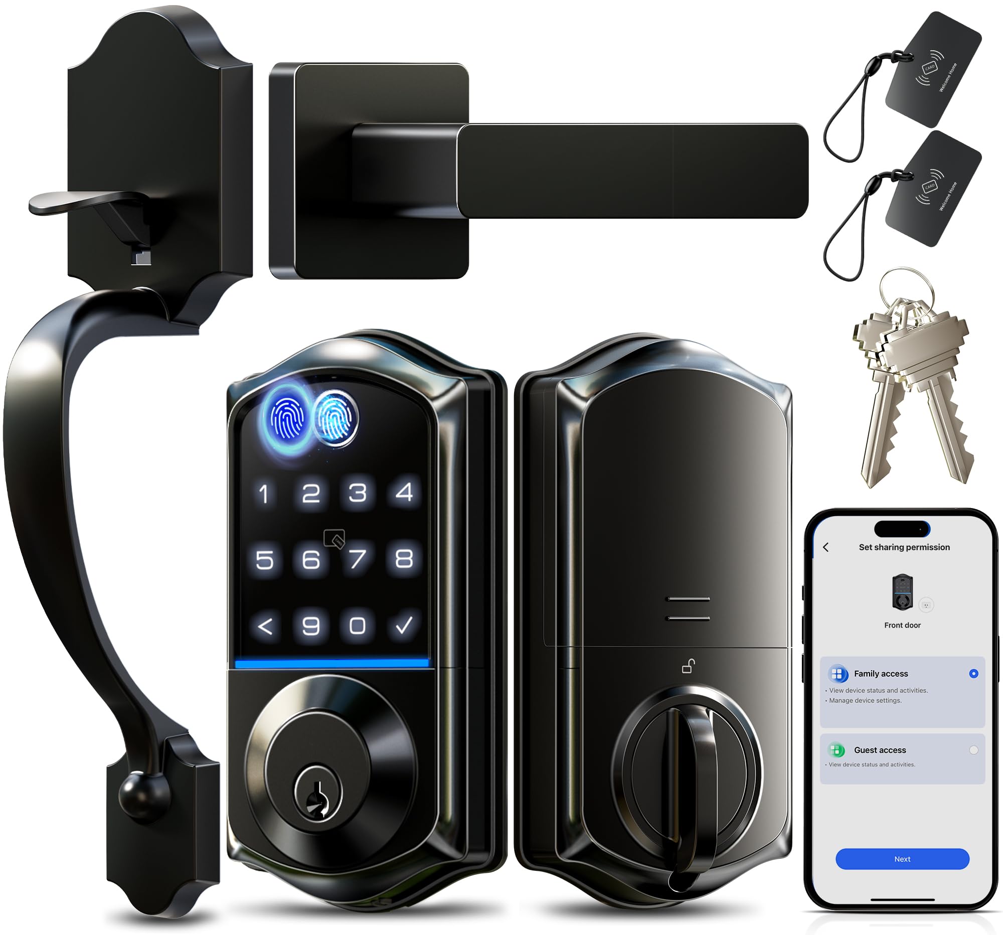 Photo 1 of Veise VE017-H Fingerprint Smart Front Door Lock Set, App Control, 8-in-1 Keyless Entry Deadbolt with Zinc Alloy Handles, Emergency Power Port, Touchscreen Keypad, Auto Lock, Easy Install, Matte Black