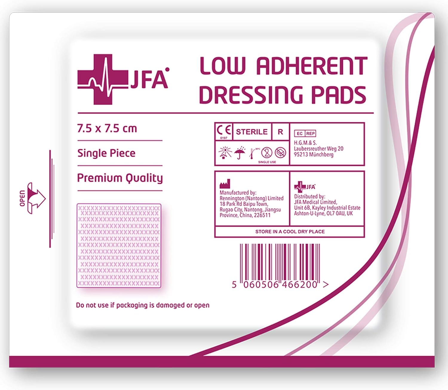 JFA Medical Low Adherent Sterile Absorbent Wound Dressing Pad 7.5cm x 7.5cm - Pack of 100, 100 Count (Pack of 1) - Image 3