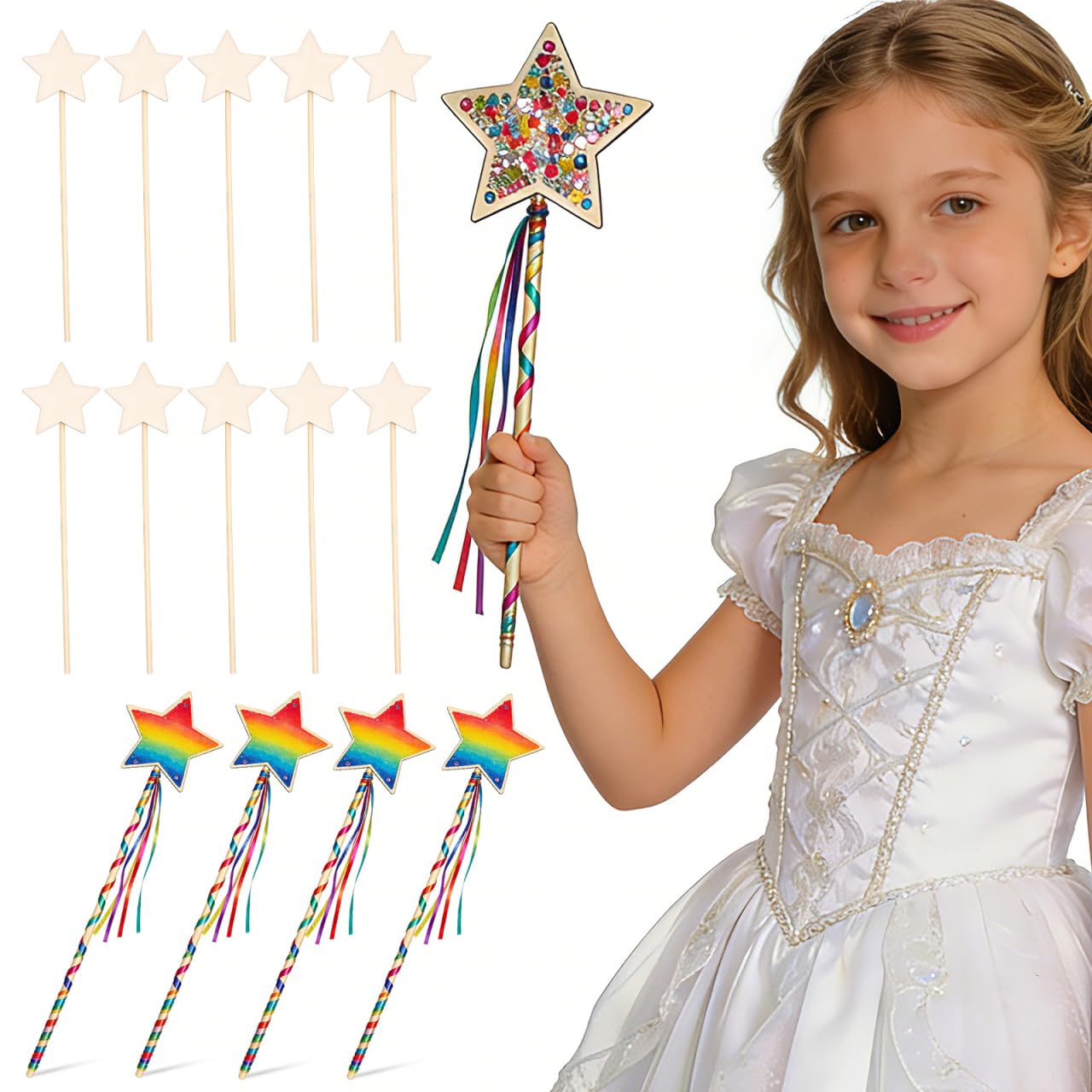 TOYANDONA DIY Fairy Wands for Kids, 10Pcs 13.3 inch Unfinished Wooden Princess Wand Star Fairy Wand Make Your Own Princess Wand for Girls Art Crafts Projects