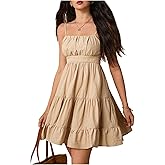 MakeMeChic Women's Mini Dresses Spaghetti Strap Ruffle A Line Layered Shirred Fall Wedding Guest Dresses