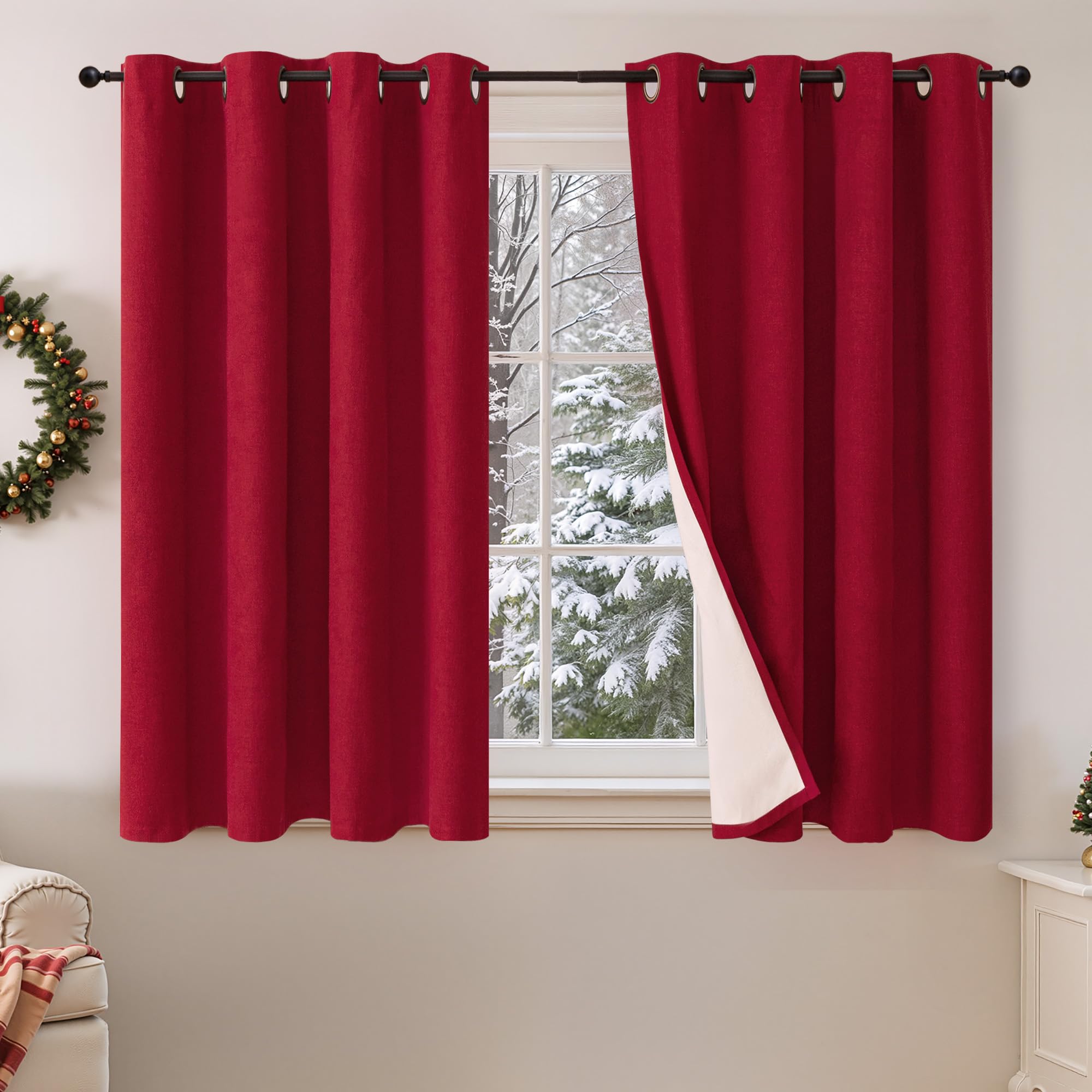 Lajode Red Christmas Linen Blackout Curtains 54 Inch Long 2 Panels, Cold Blocking Winter Thermal Insulated Curtains for Living Room Small Window Decor, Soundproof Curtains Each 52x54 Inch 2 Panels Image