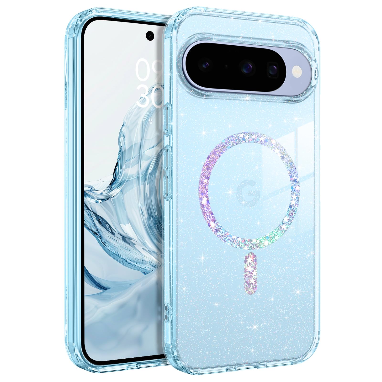 BENTOBEN Magnetic for Google Pixel 10 Case, Clear Crystal Glitter Google Pixel 10 Phone Case Compatible with MagSafe, Shockproof Sparkly Cute Women Girl Cover for Pixel 10 6.3 inch, Blue Glitter