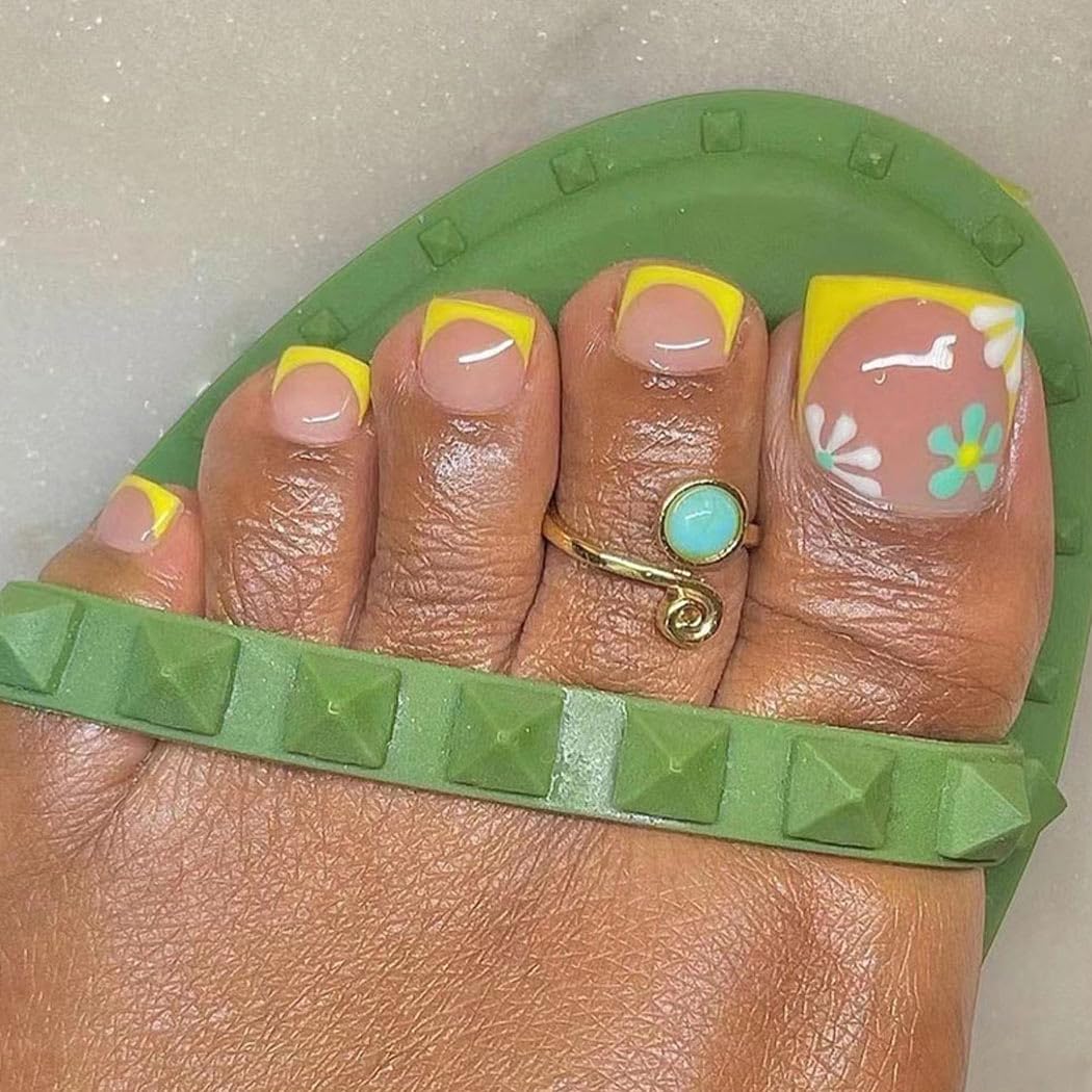 Handcess French False Toenails Glossy Nude Pink Press on Toe Nail Flower Fake Toe Nails Full Cover Acrylic Toe Nail Art Tips for Women Girls 24Pcs