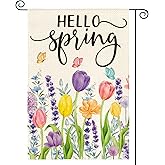 AVOIN colorlife Hello Spring Tulip Lavender Garden Flag 12 x 18 Inch Double Sided, Seasonal Flower Yard Outdoor Flag