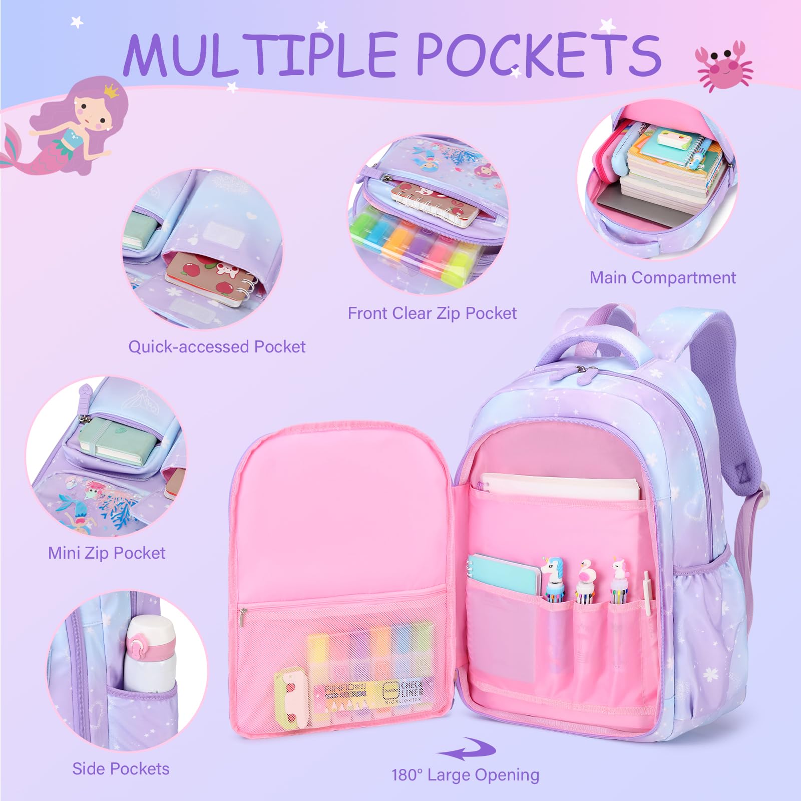 ACESAK Mermaids Bookbag Set for Teens, Middle School, with Water Bottle, Lunch Bag