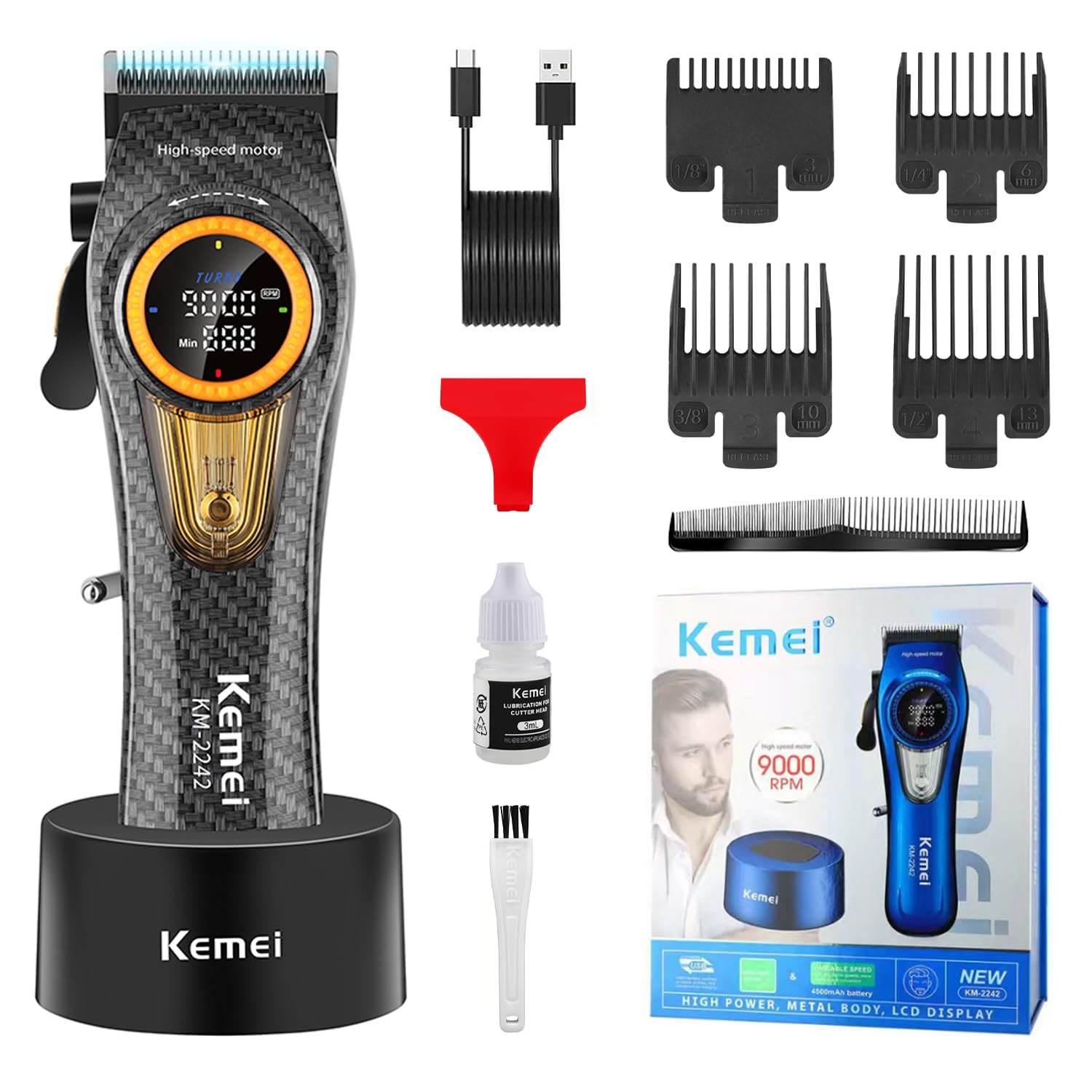 KEMEI 2242 Professional Hair Clippers for Men, Electric Cordless Hair Cutting Machine Barber Clippers, DLC Blades, 5000-9000 RPM Turbo Motor, USB Rechargeable Up to 220 Min Usage with LED Display