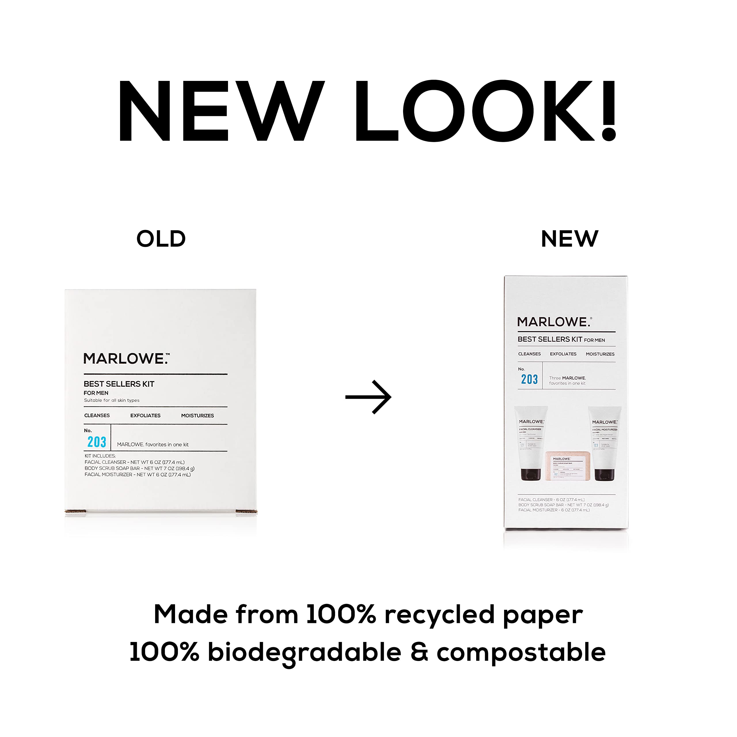 MARLOWE. Best Sellers Kit No. 203, Features Signature No. 102 Original Body Scrub Soap Bar, No. 121 Facial Cleanser & No. 123 Facial Moisturizer, Great Gift for Men