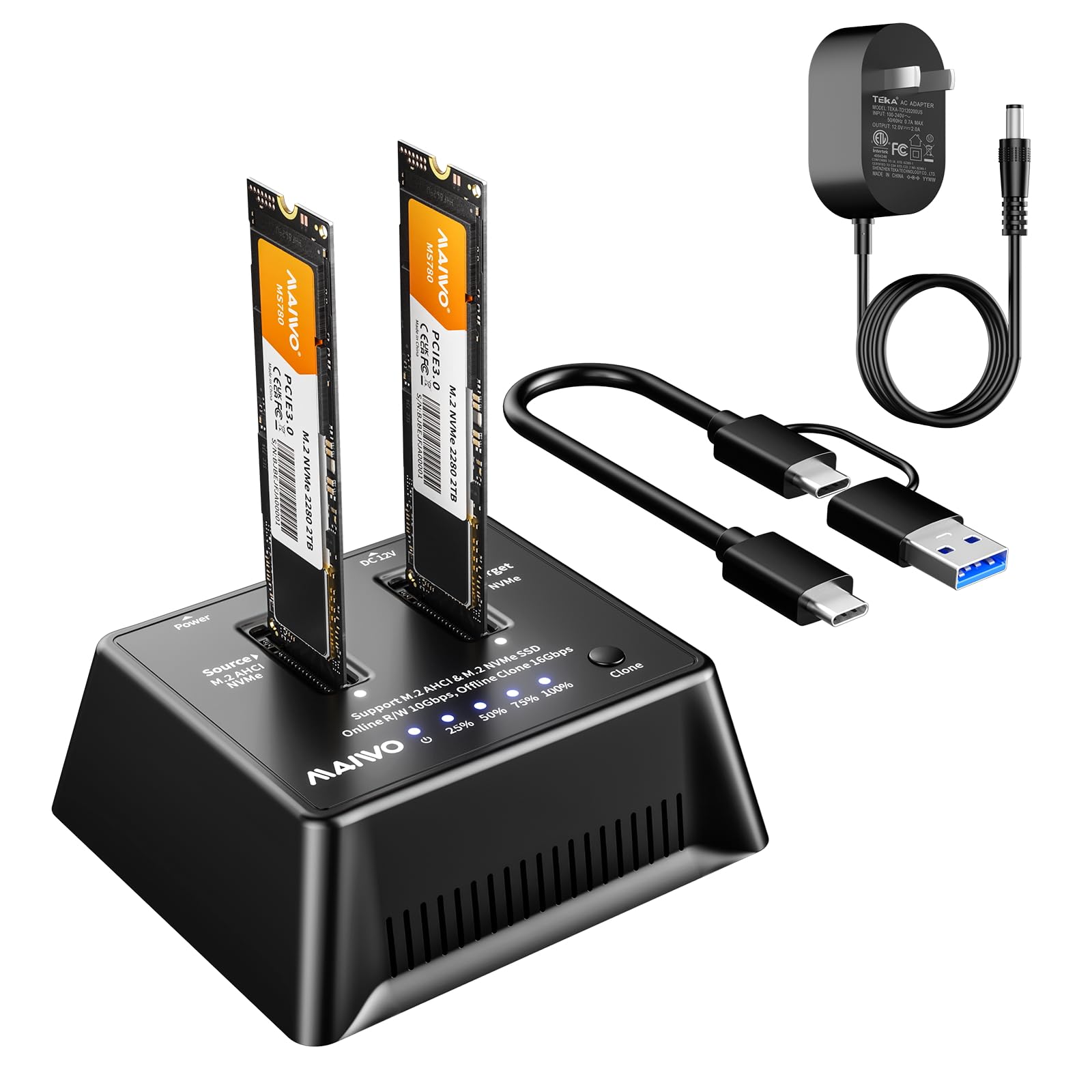 MAIWO Dual M.2 NVMe Cloner – 10Gbps USB 3.2 Gen 2 External SSD Docking Station, Standalone Offline Duplicator Tool-Free for M-Key SSDs (2230/2242/2260/2280/22110)