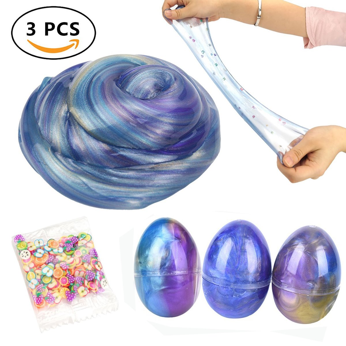 Easter eggs - 3 Pack Soft Egg Slime，Galaxy Egg Slime No Borax Non Toxic Scented Magic DIY Clay Stress Relief Sludge Toys with Fruit Slices Toy for Kids Adult (Style 1)