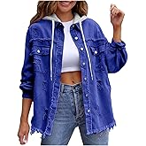 Jean Jacket Women Trendy Ripped Denim Button Down Shirt Oversized Lightweight Jeans Shacket With Detachable Hoodie