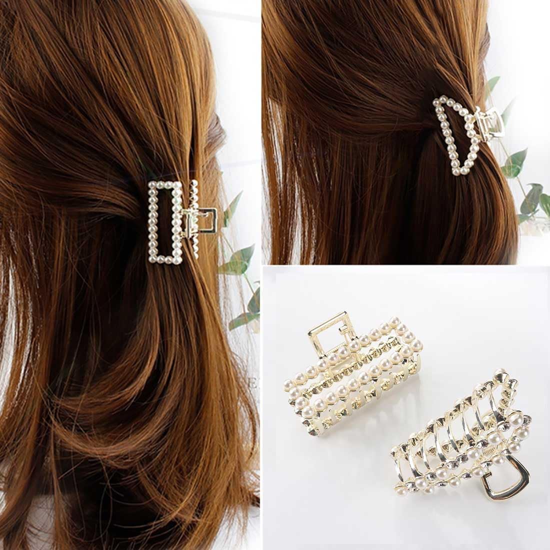 Danshinbow 2 Pcs Pearl Rhinestone High Ponytail Metal Clip Gold Square Crescent Moon Hair Claws Thick Hair for Women and Girls
