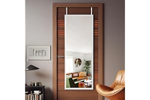 GlasFlength Over The Door Mirror Full Length Mirror, 47" x 18" Wall-Mounted Mirror, Wooden Frame Dressing Mirror, Rectangular Door Mirror Hanging with 2 Metal Hangers for Bedroom Classic White