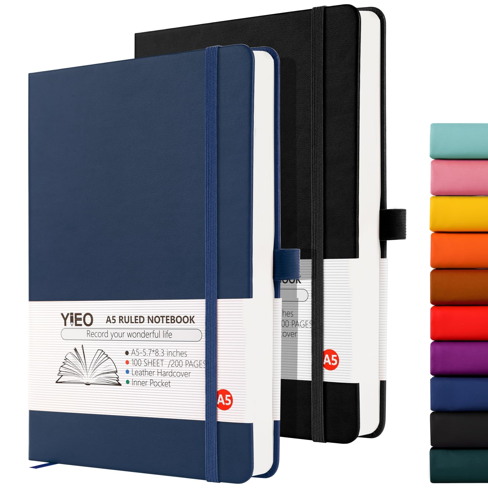 YIEO Notebook A5, 2 Pack Hardback Journal Notebook with 398 Lined Pages 80 GSM Leather Notepad with Bookmark, Pen Loop and Expandable Paper Pocket, for Office School Supplies (Black+Blue)