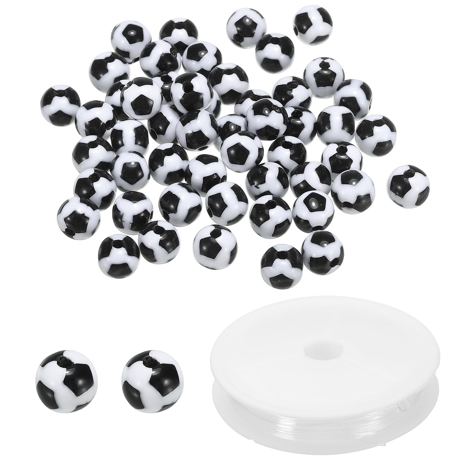 PATIKIL 12mm Acrylic Football Beads Bulk, 40 Pack Sports Ball Beads Round Sports Spacer Beads with 4.4 Yard Elastic Rope for DIY Crafts Bracelet Necklace Making, Black White