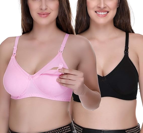 Women's Feeding Bra Full Cup Hosiery Cotton Breastfeeding Nursing Maternity (Multicoloured) Combo Pack of 2