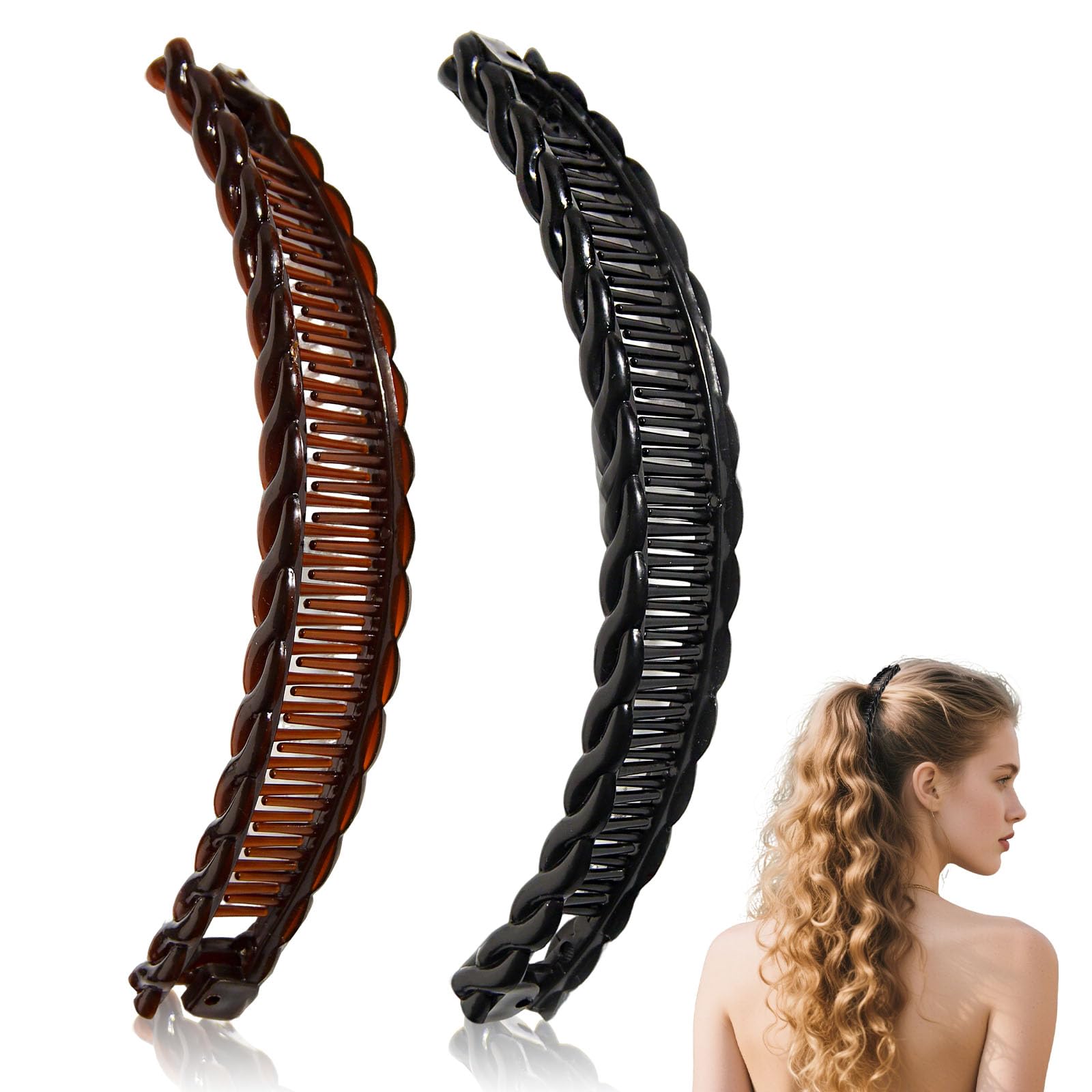 Photo 1 of 2Pcs Banana Hair Clips for Thick Curly Hair - Black and Brown Banana Clips, Vintage Clincher Combs for Women, 80s Retro Hair Accessories