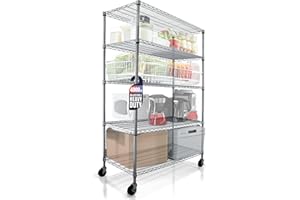 CRESCENT HOUSEWARES 4000 LBS, 48 x 24 x 76, 5-Tier Storage Shelves, Garage Shelving, Commercial Metal Shelving with 4" Wheels, Heavy Duty Wire Shelving Rack, Kitchen Organizer, NSF Shelf, Industrial, Chrome, Crescent