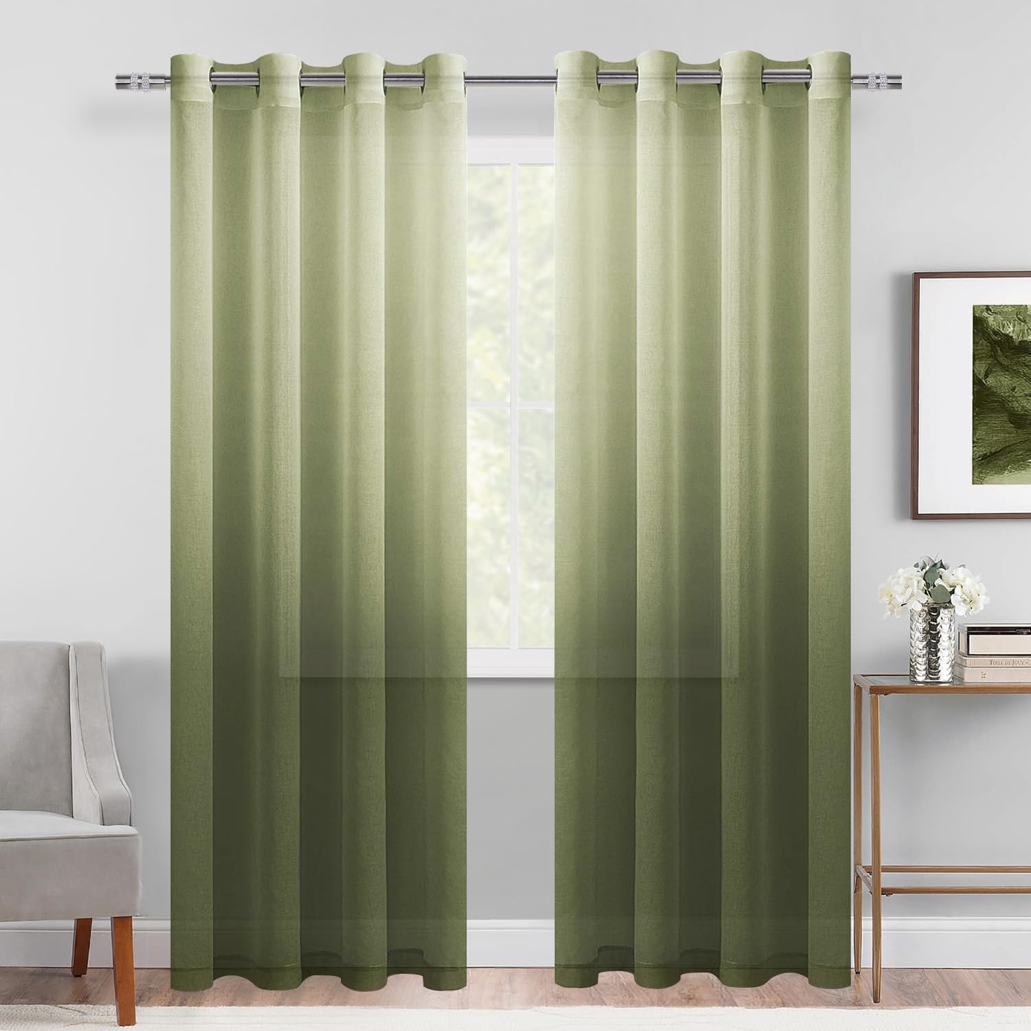 DWCN Faux Linen Ombre Sheer Curtains - Gradient Semi Voile Grommet Top Window Curtains for Bedroom and Living Room, Set of 2 Panels, 52 x 84 Inches Long, Olive Green